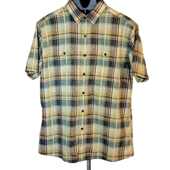 Kuhl Shirts Kuhl Linen Blend Button Front Shirt Green Yellow Plaid
